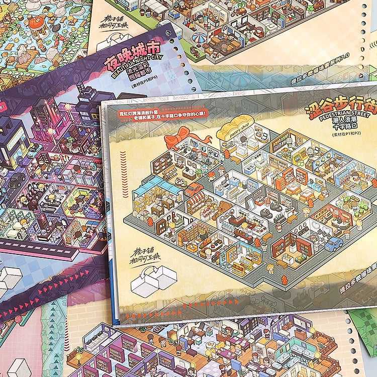 Scene cards from Telado 7.0 Miniature City Adventure 3D scene sticker book with street shops, night city, and library layouts.