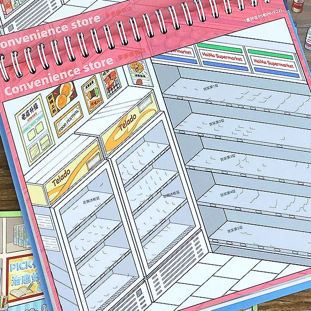 Convenience store backing card from Telado 8.0 Mini Market Adventure with labeled shelf placement areas.