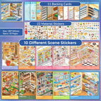 Contents overview for Telado 8.0 Mini Market Adventure showing 11 backing cards, 22 PET sticker pages, and 10 shop scene designs.