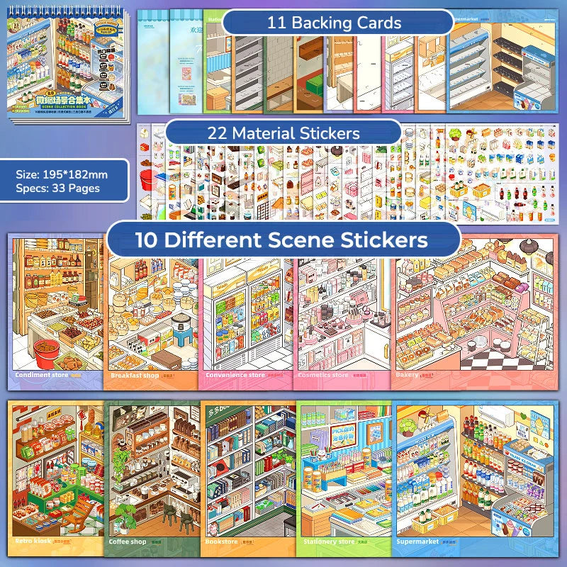 Contents overview for Telado 8.0 Mini Market Adventure showing 11 backing cards, 22 PET sticker pages, and 10 shop scene designs.