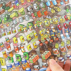 Close-up of PET drink and grocery stickers from the Telado 8.0 Mini Market Adventure scene sticker book.