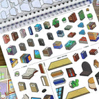 PET sticker pages from Telado 8.0 Mini Market Adventure with books, plants, shelves, and small shop items.