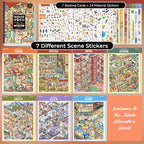 Contents overview for Telado 9.0 City Rooms Adventure showing 7 backing cards, 14 PET sticker pages, and 7 scene designs.