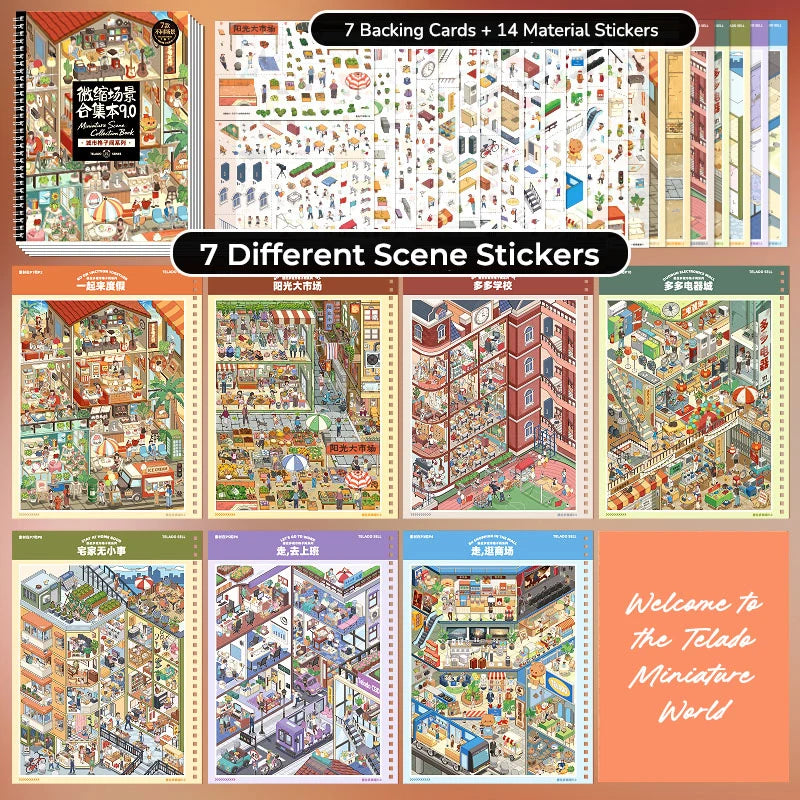Contents overview for Telado 9.0 City Rooms Adventure showing 7 backing cards, 14 PET sticker pages, and 7 scene designs.