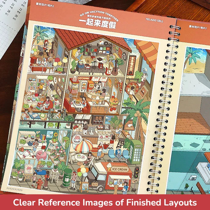 Finished city room layout reference from Telado 9.0 City Rooms Adventure 3D scene sticker book.