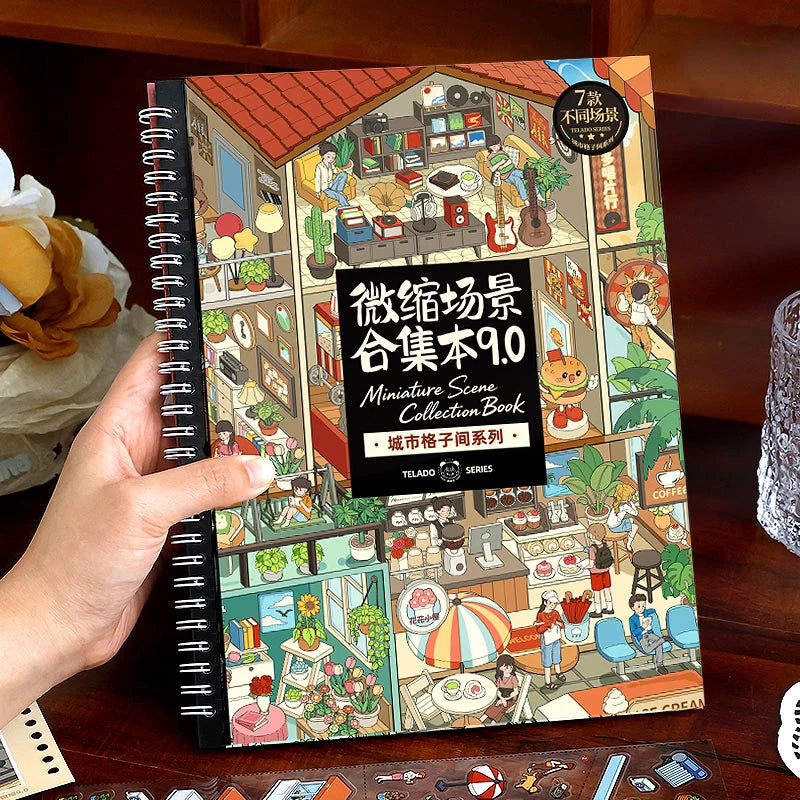 Telado 9.0 City Rooms Adventure scene sticker book held by hand with spiral binding and illustrated cover.