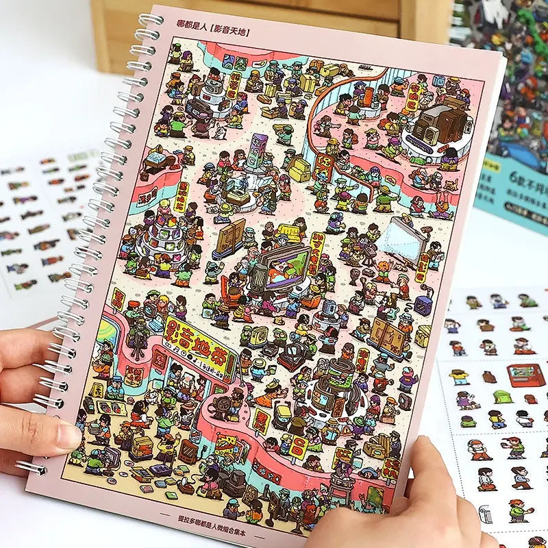 A city scene page from the Telado People Everywhere 3D Scene Sticker Book held in hand