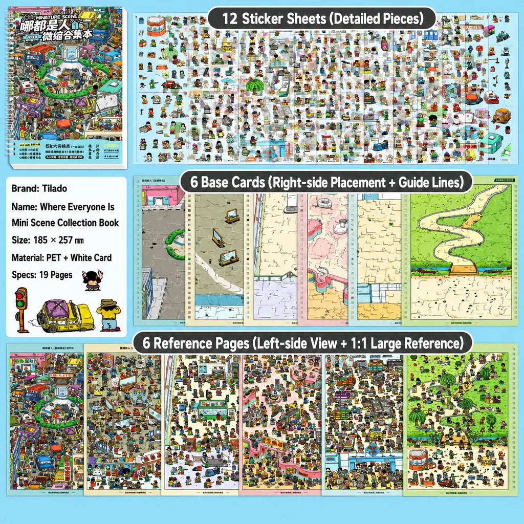 Content overview of the Telado People Everywhere 3D Scene Sticker Book with sticker sheets, base cards, and reference pages