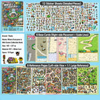 Content overview of the Telado People Everywhere 3D Scene Sticker Book with sticker sheets, base cards, and reference pages