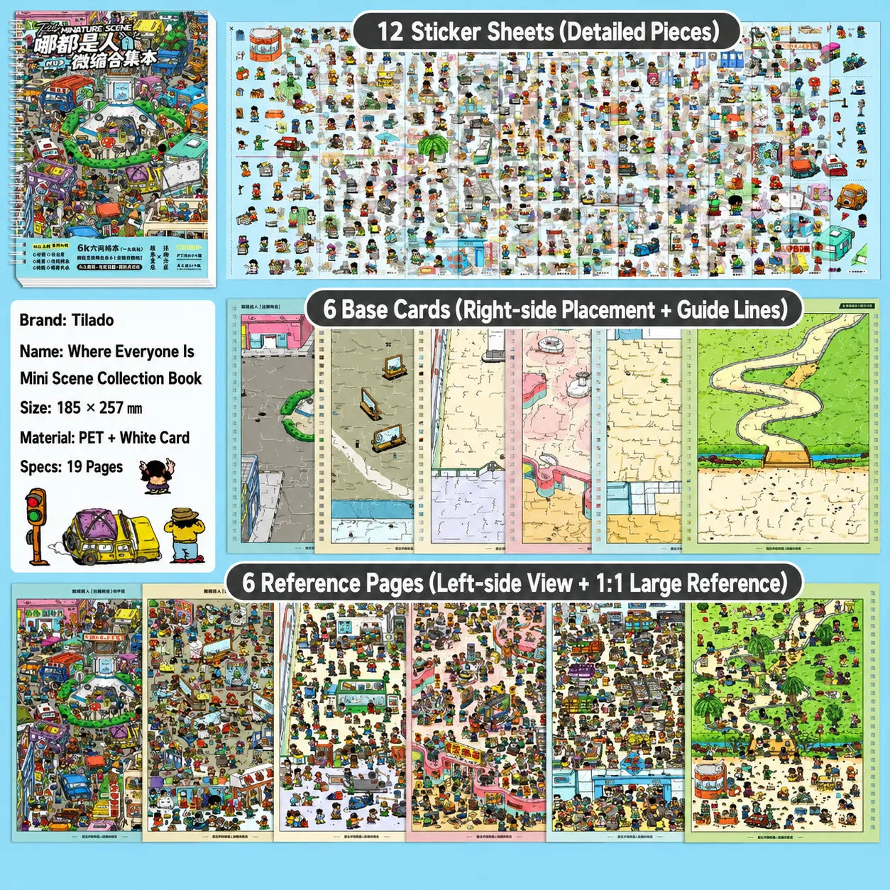 Content overview of the Telado People Everywhere 3D Scene Sticker Book with sticker sheets, base cards, and reference pages