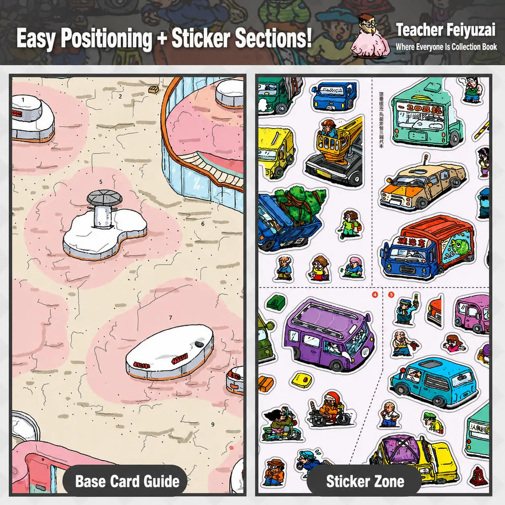 Placement guide showing base card zones and sticker sections for the Telado People Everywhere 3D Scene Sticker Book