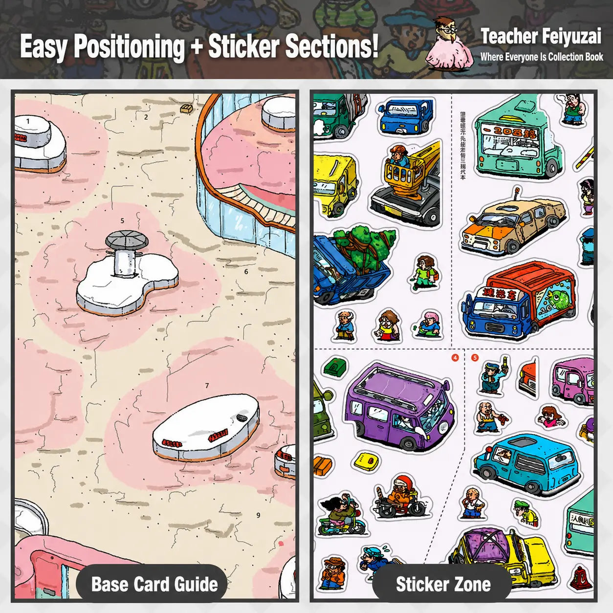 Placement guide showing base card zones and sticker sections for the Telado People Everywhere 3D Scene Sticker Book