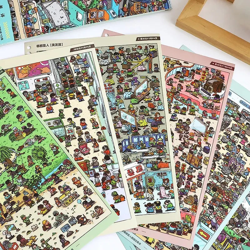 Sticker pages from the Telado People Everywhere 3D Scene Sticker Book showing miniature city crowd scenes