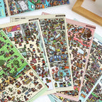 Sticker pages from the Telado People Everywhere 3D Scene Sticker Book showing miniature city crowd scenes
