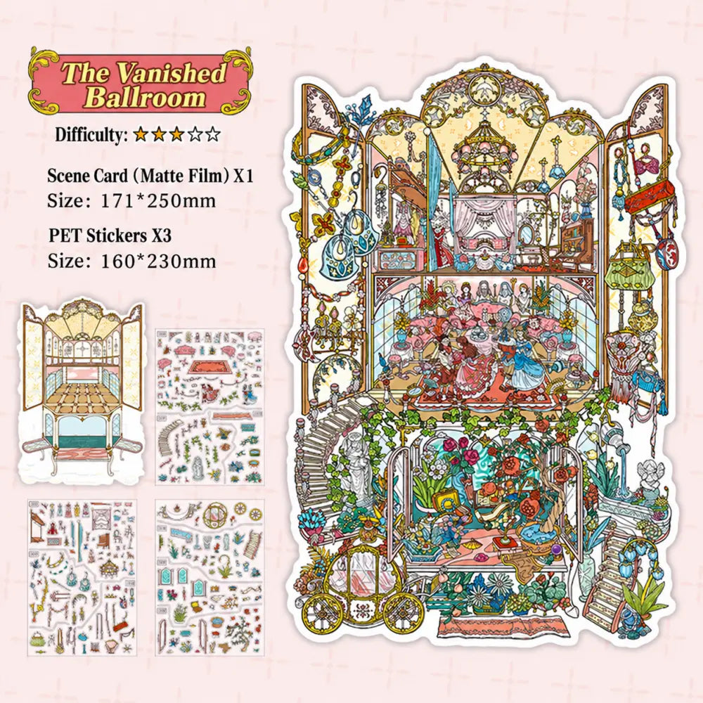 The Vanished Ballroom scene sticker kit with ornate ballroom scene card and three PET sticker sheets
