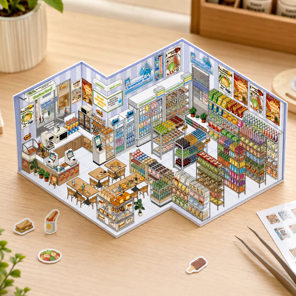 Time Convenience Store 3D Scene Sticker Kit finished display with a miniature convenience store layout
