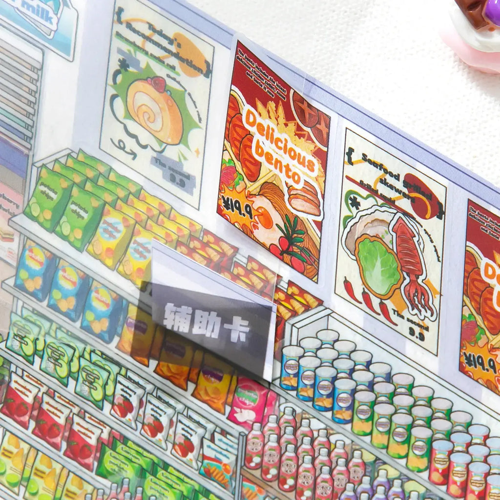 Close-up of frosted PET stickers layered onto the convenience store scene card with snack shelf details