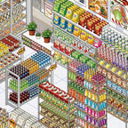 Close-up of miniature convenience store shelves with snacks, drinks, posters, and display details