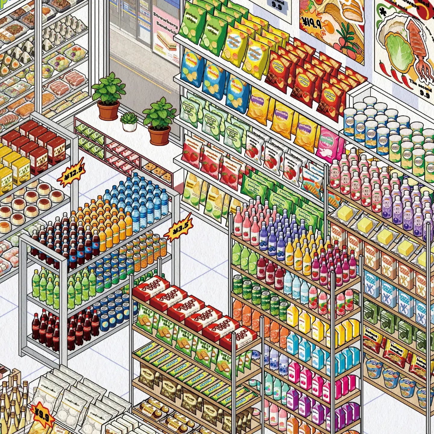Close-up of miniature convenience store shelves with snacks, drinks, posters, and display details