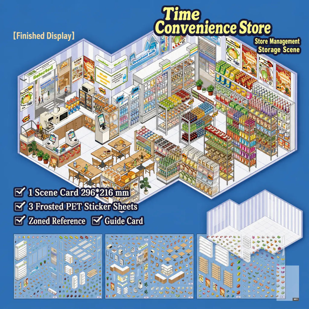Overview of the Time Convenience Store 3D Scene Sticker Kit with one scene card and three frosted PET sticker sheets