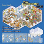 Overview of the Time Convenience Store 3D Scene Sticker Kit with one scene card and three frosted PET sticker sheets