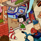 Close-up of a child sticker being placed onto the old neighborhood street scene