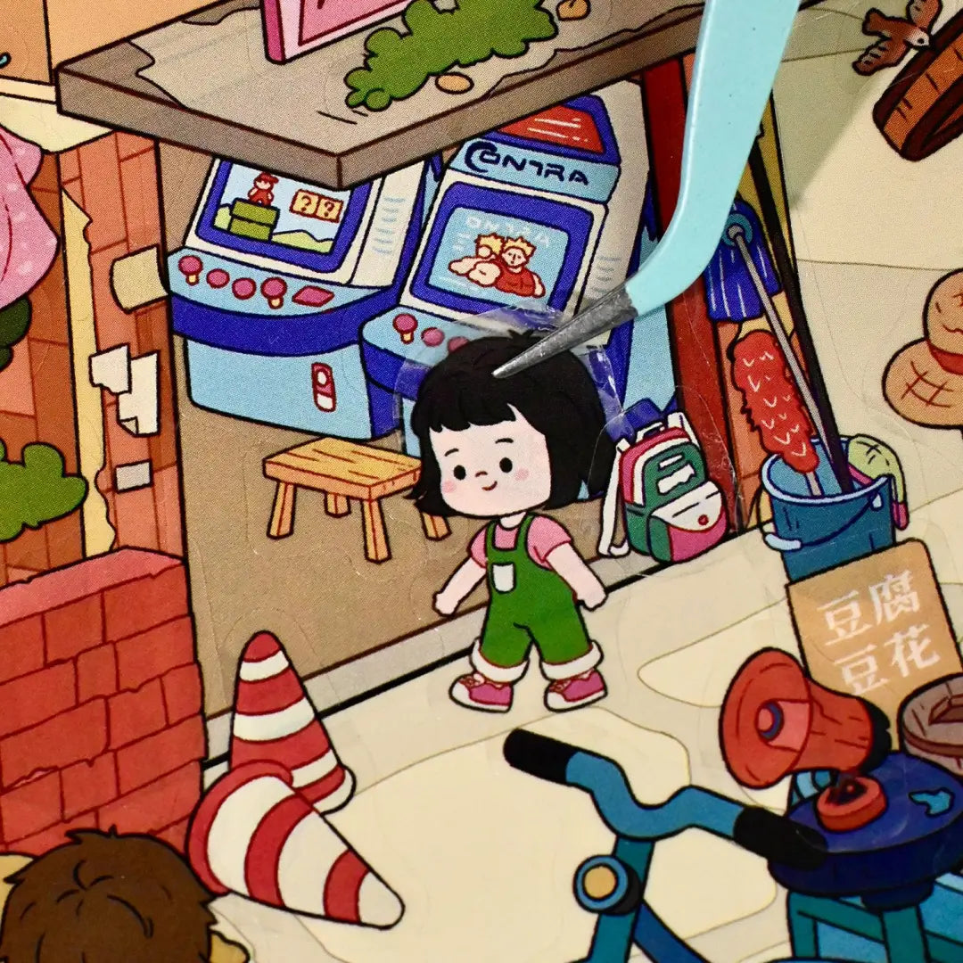 Close-up of a child sticker being placed onto the old neighborhood street scene