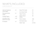 English contents list for the Time Traveler Junk Journal Kit with included item names and quantities