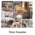 Time Traveler Junk Journal Kit flat lay showing the coordinated papers, ephemera, stickers, and craft embellishments included in the set