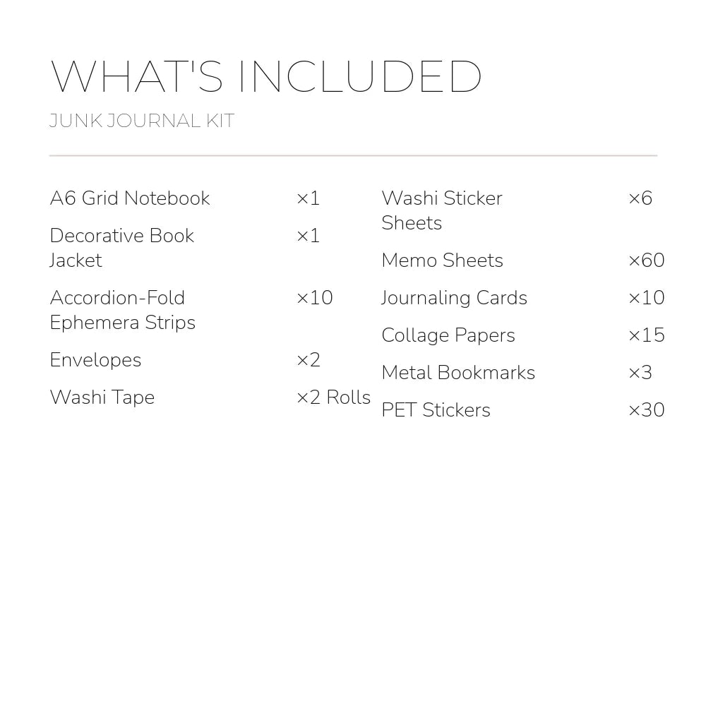 English contents list for the Timeless Classics Junk Journal Kit with included item names and quantities