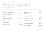 English contents list for the Timeless Classics Junk Journal Kit with included item names and quantities