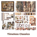 Timeless Classics Junk Journal Kit flat lay showing the coordinated papers, ephemera, stickers, and craft embellishments included in the set