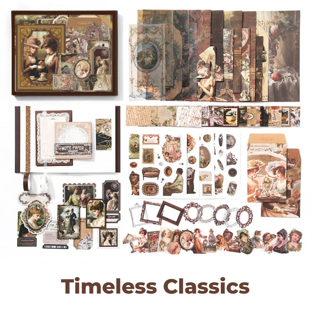 Timeless Classics Junk Journal Kit flat lay showing the coordinated papers, ephemera, stickers, and craft embellishments included in the set
