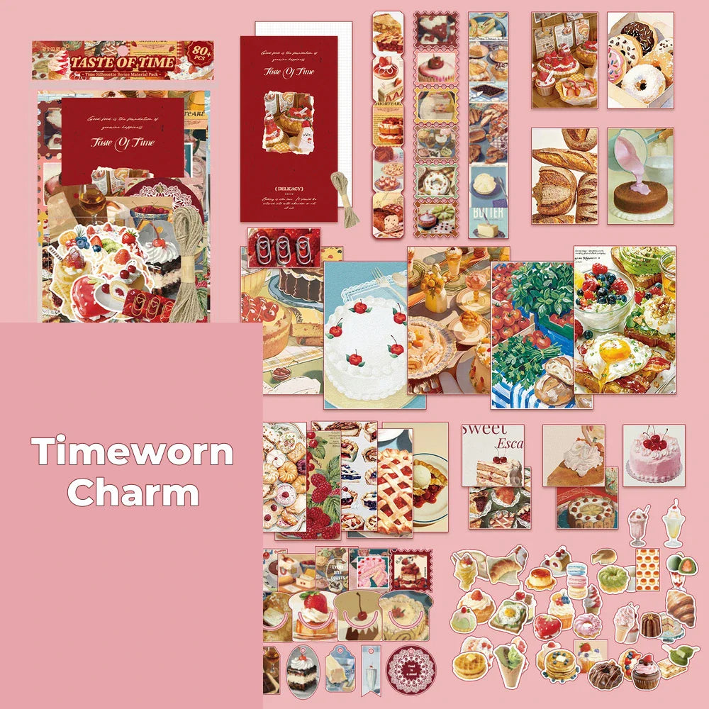 Timeworn Charm Junk Journal Kit flat lay showing the coordinated papers, ephemera, stickers, and craft embellishments included in the set