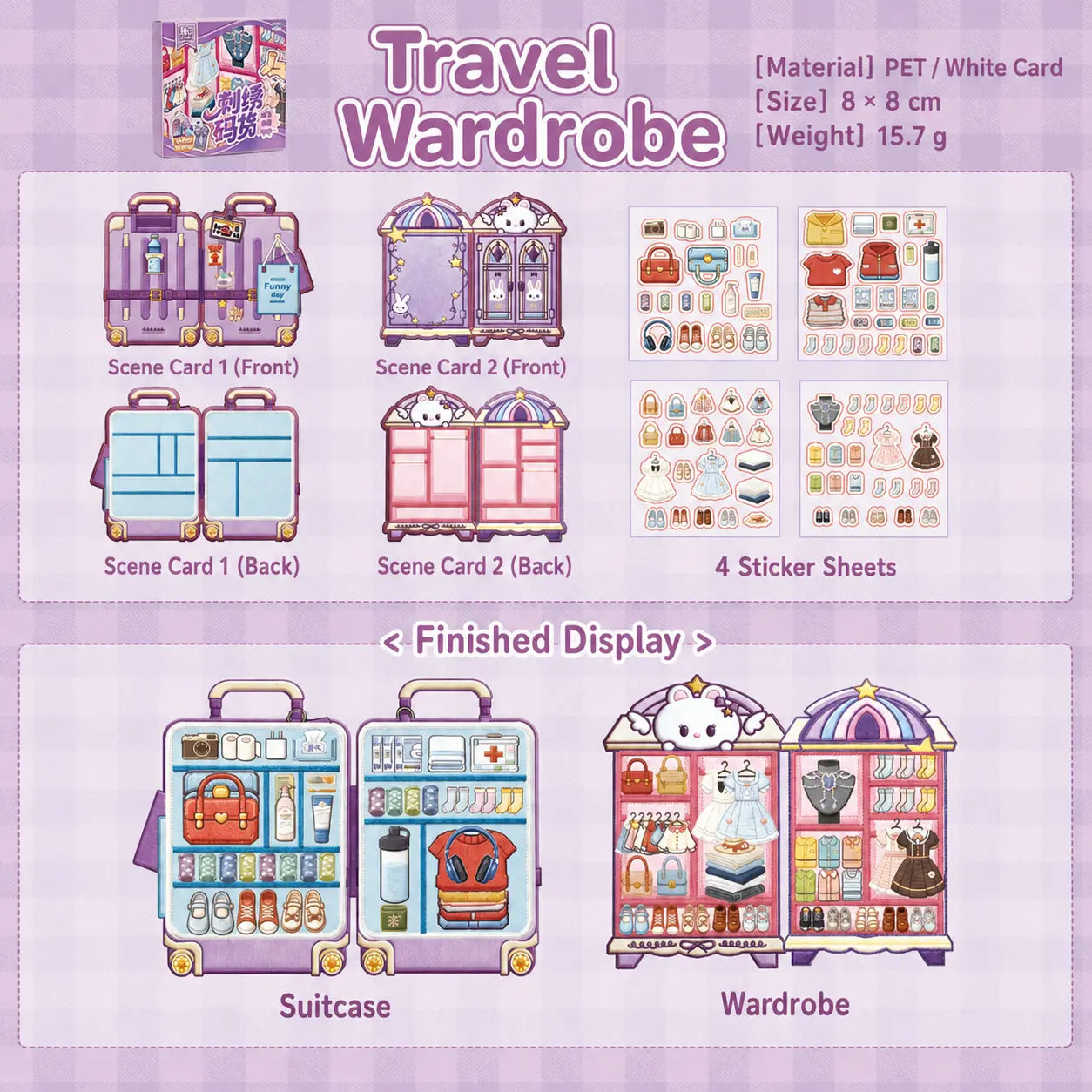 Travel Wardrobe miniature scene sticker kit with suitcase and clothing wardrobe scenes