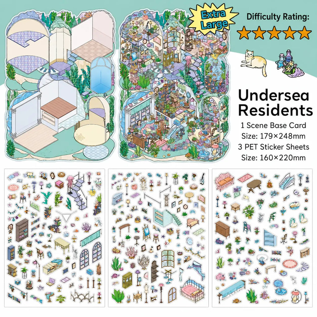 Undersea Residents 3D Scene Sticker Kit with one scene base card and three PET sticker sheets