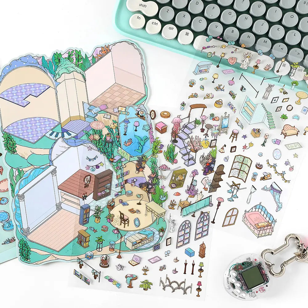 Undersea Residents scene base card and PET sticker sheets arranged for miniature scene-building