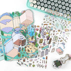 Undersea Residents scene base card and PET sticker sheets arranged for miniature scene-building