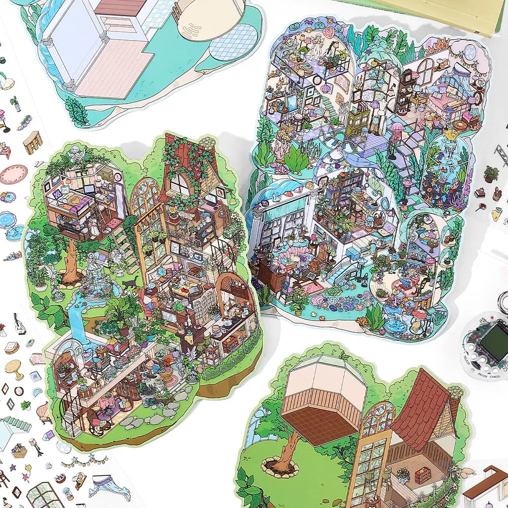 Undersea Residents and Forest Cottage 3D Scene Sticker Kit Set with two finished miniature scenes