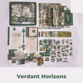Verdant Horizons Junk Journal Kit flat lay showing the coordinated papers, ephemera, stickers, and craft embellishments included in the set