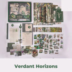 Verdant Horizons Junk Journal Kit flat lay showing the coordinated papers, ephemera, stickers, and craft embellishments included in the set