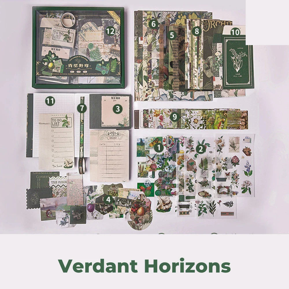 Verdant Horizons Junk Journal Kit flat lay showing the coordinated papers, ephemera, stickers, and craft embellishments included in the set