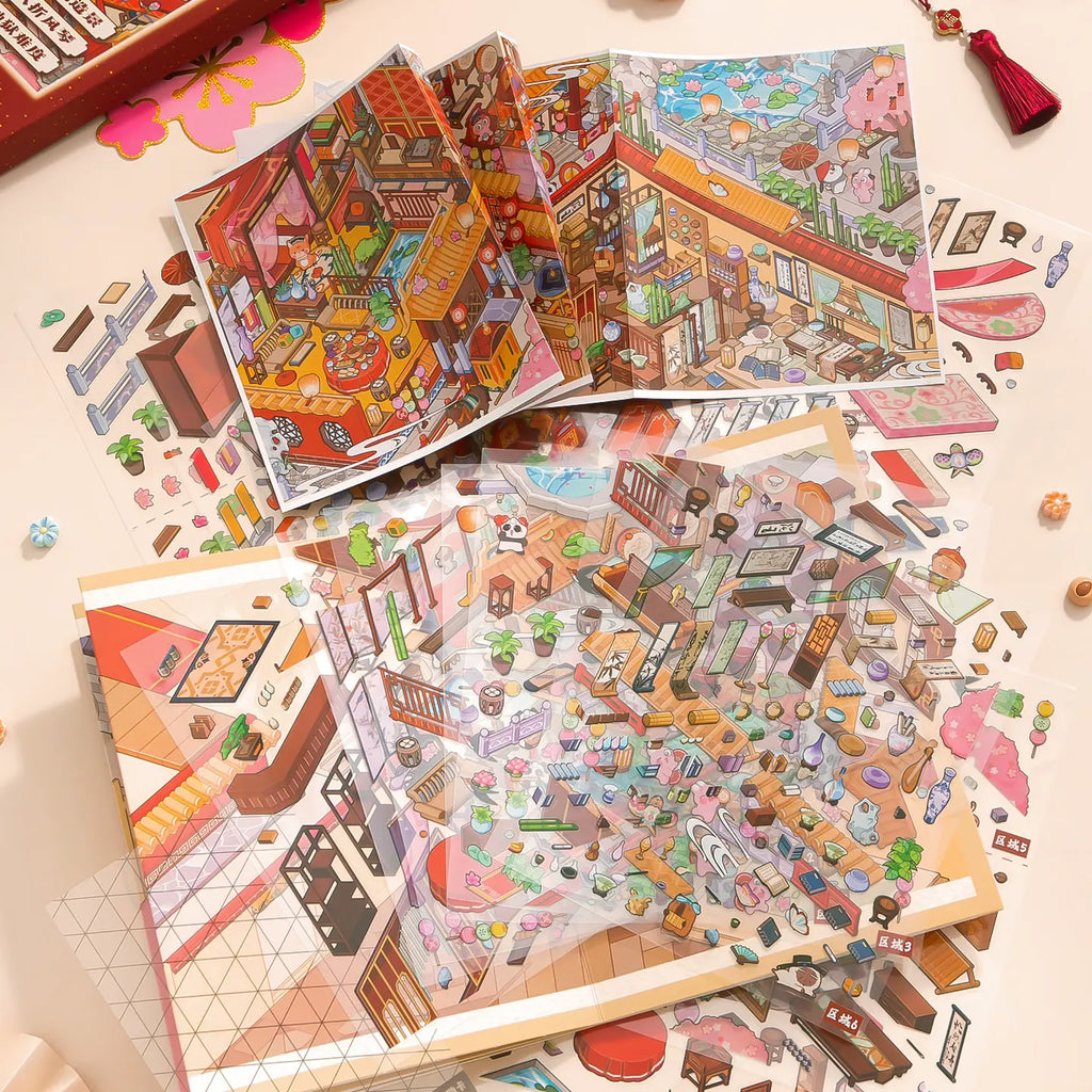 Vermilion Pavilion sticker kit contents with transparent sticker sheets and fold-out scene cards