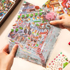 Die-cut PET sticker sheets with plants, lanterns, bridges, animals, and ancient-style scene details