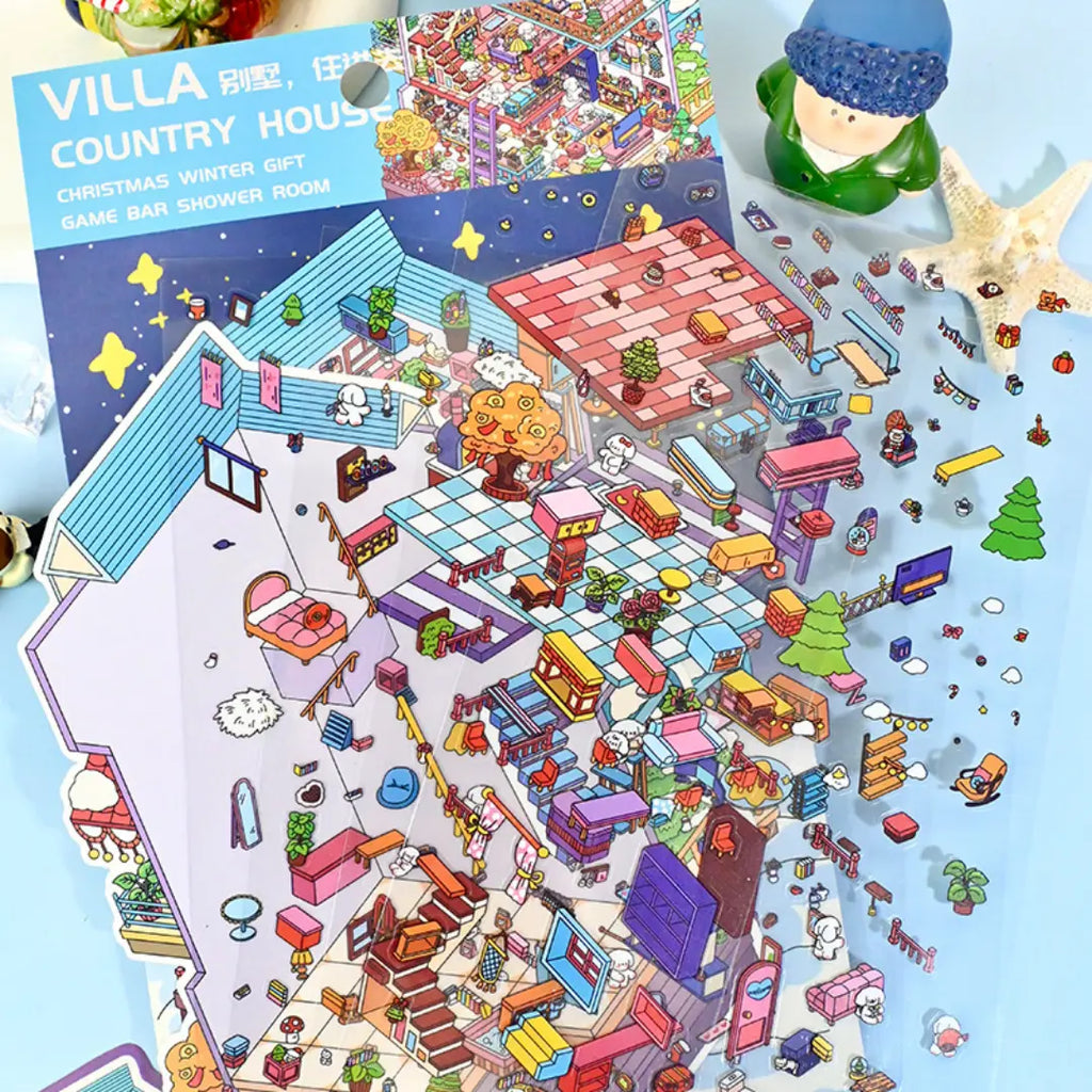 Villa Move-In 3D scene sticker kit with background sheet, sticker pieces, furniture details, and room decorations