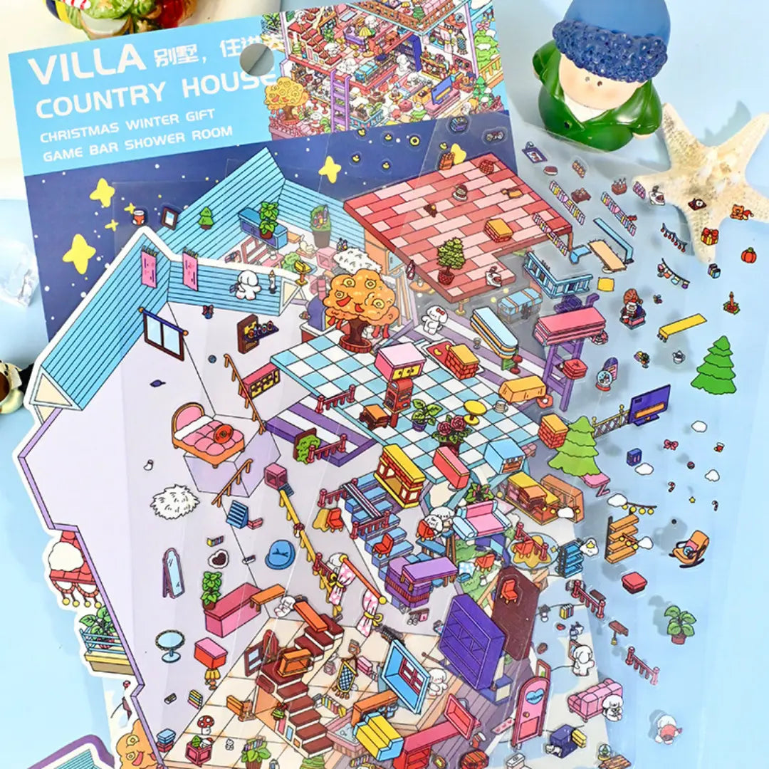 Villa Move-In 3D scene sticker kit with background sheet, sticker pieces, furniture details, and room decorations