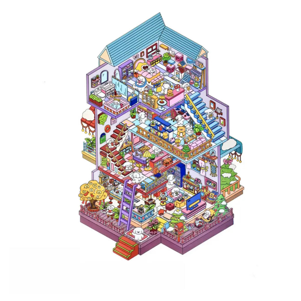 Finished Villa Move-In 3D-look house scene with colorful rooms, stairs, furniture, plants, and small characters