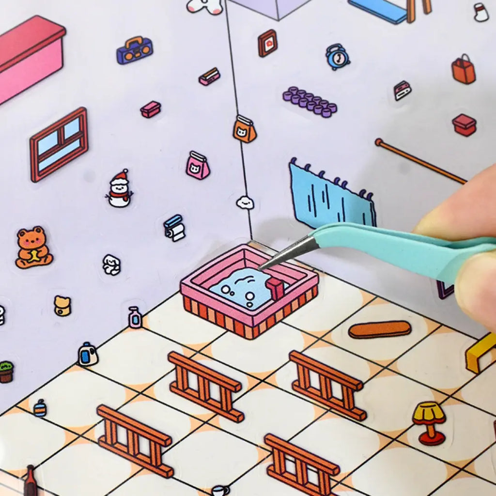 Close-up of a pre-cut sticker piece being placed onto the Villa Move-In 3D-look scene background