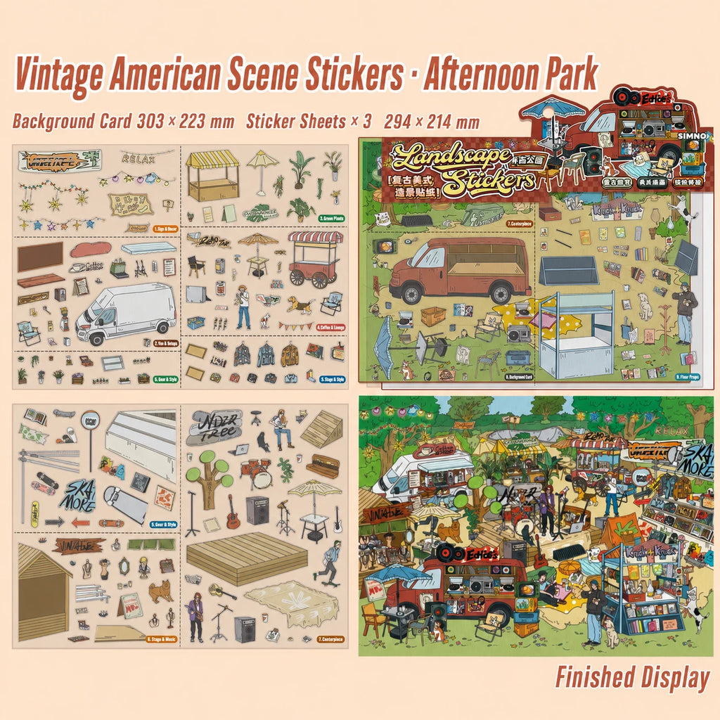 Overview of Vintage American Afternoon Park scene sticker kit with background card and three sticker sheets
