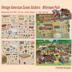 Overview of Vintage American Afternoon Park scene sticker kit with background card and three sticker sheets